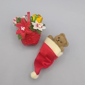 Avon Christmas Brooch Set Santa Hat Teddy Bear & Poinsettia Basket 60s Vintage